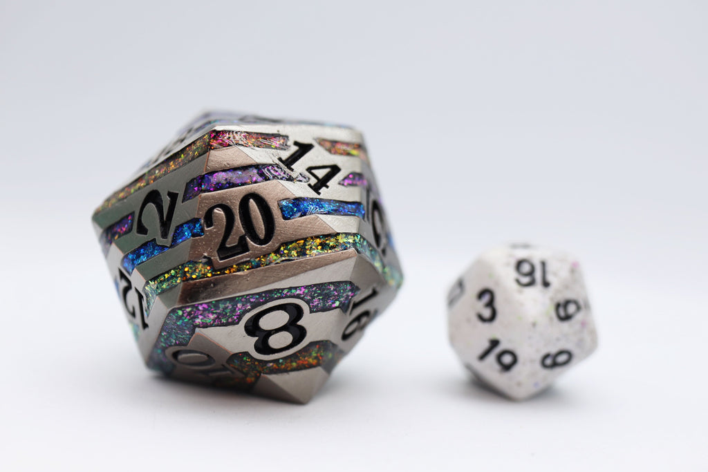 35mm Metal D20 - Silver with Rainbow Mica Metal Dice Foam Brain Games