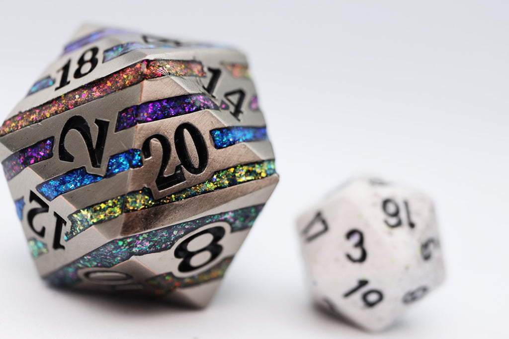 35mm Metal D20 - Silver with Rainbow Mica Metal Dice Foam Brain Games