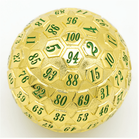 45mm Metal D100 - Gold with Green Metal Dice Foam Brain Games