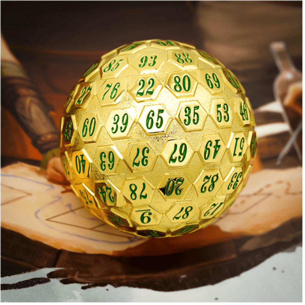 45mm Metal D100 - Gold with Green Metal Dice Foam Brain Games