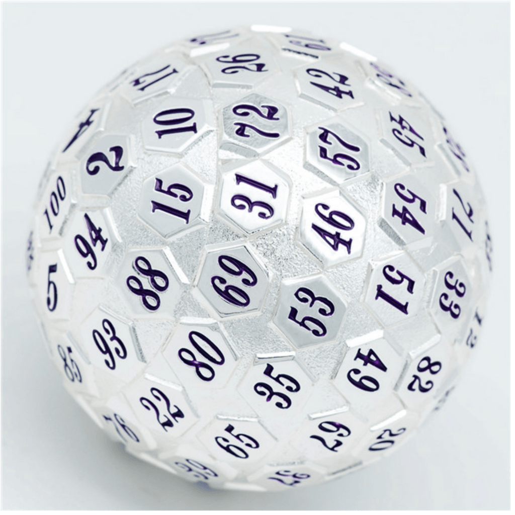 45mm Metal D100 - Platinum with Purple Metal Dice Foam Brain Games