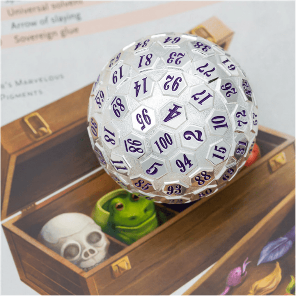 45mm Metal D100 - Platinum with Purple Metal Dice Foam Brain Games