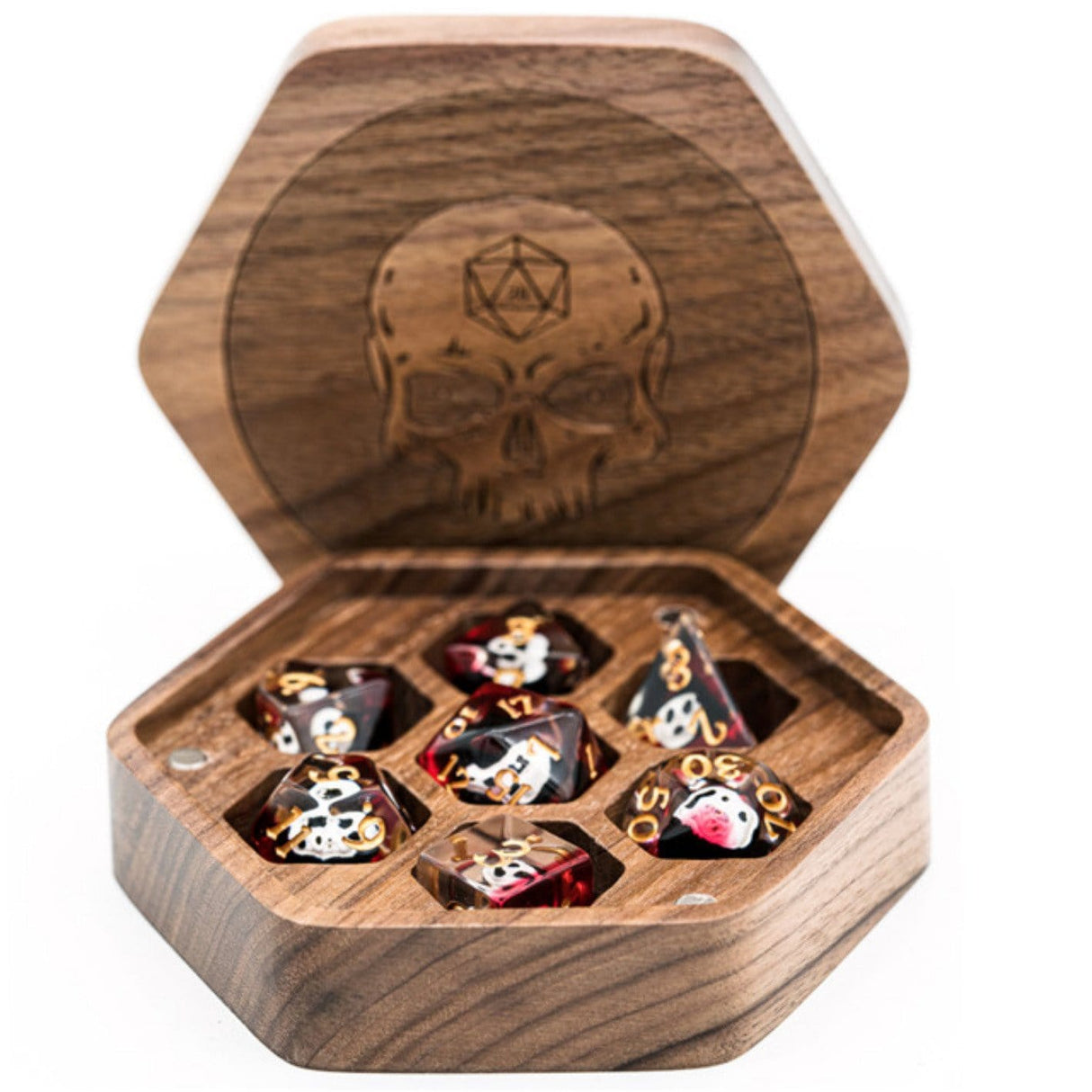 Walnut Hexagon Wooden Dice Box with Skull Dice Box Foam Brain Games
