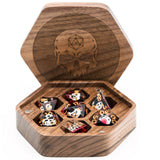 Walnut Hexagon Wooden Dice Box with Skull Dice Box Foam Brain Games