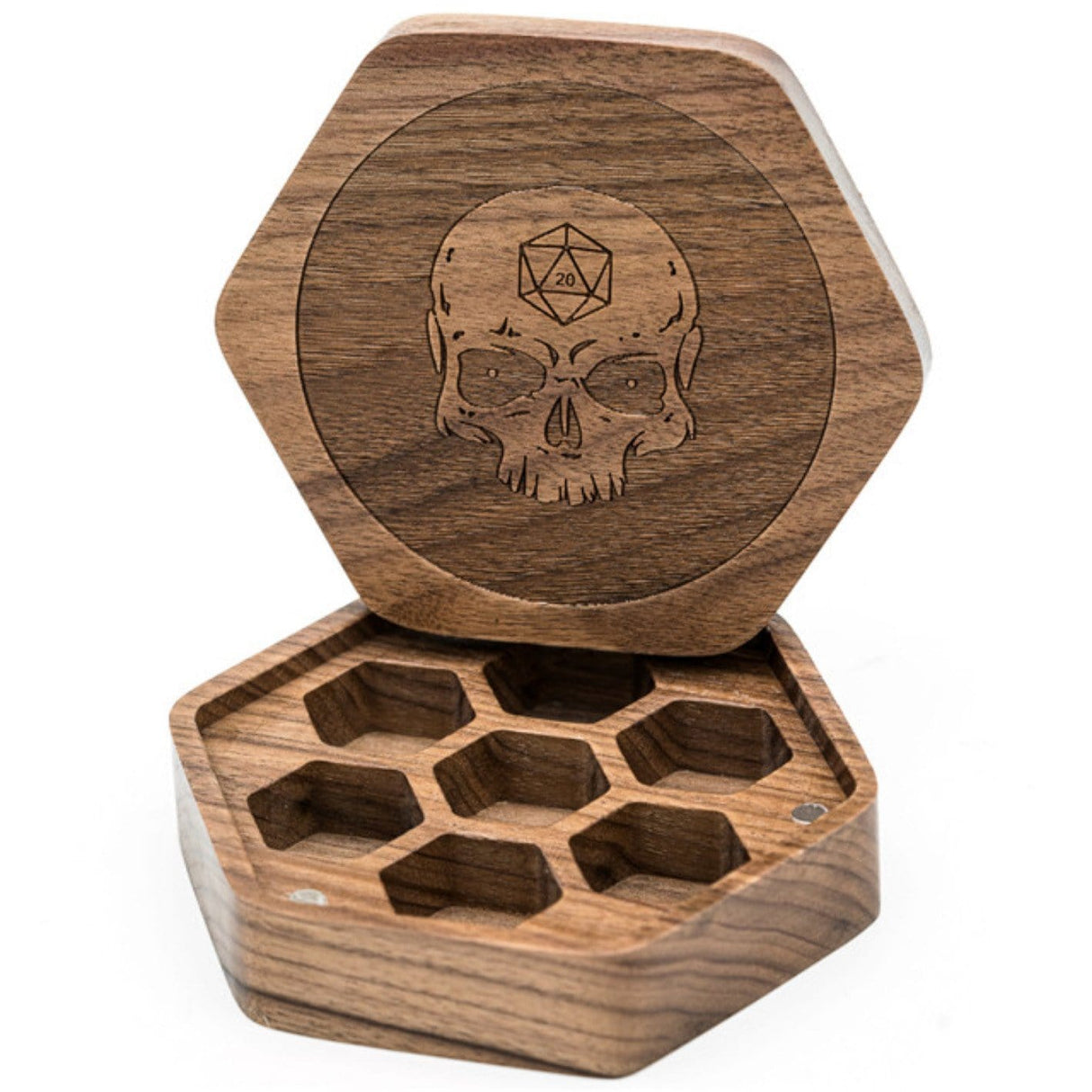 Walnut Hexagon Wooden Dice Box with Skull Dice Box Foam Brain Games