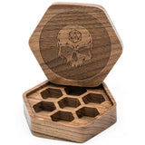 Walnut Hexagon Wooden Dice Box with Skull Dice Box Foam Brain Games