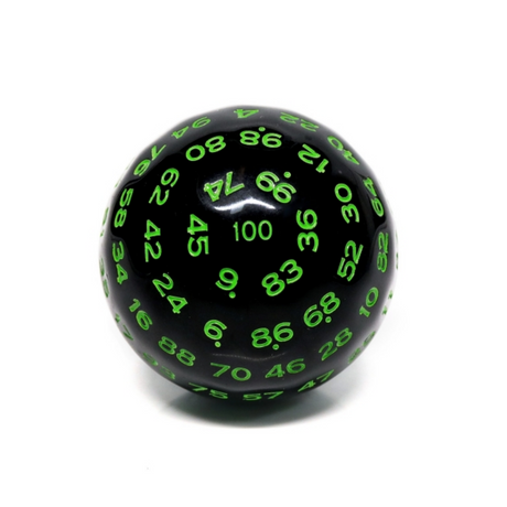 45mm D100 - Black Opaque with Green Plastic Dice Foam Brain Games