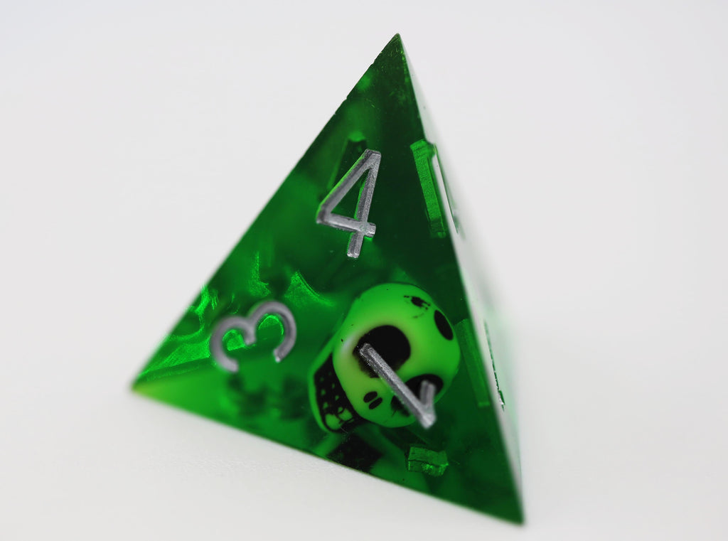 Sharp Edge Resin RPG Dice Set - Green Skulls Plastic Dice Foam Brain Games