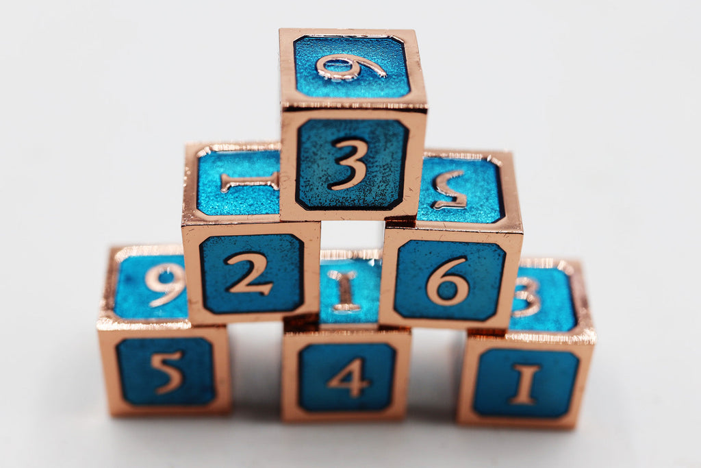 6 piece Metal D6's - Blue and Copper Metal Dice Foam Brain Games