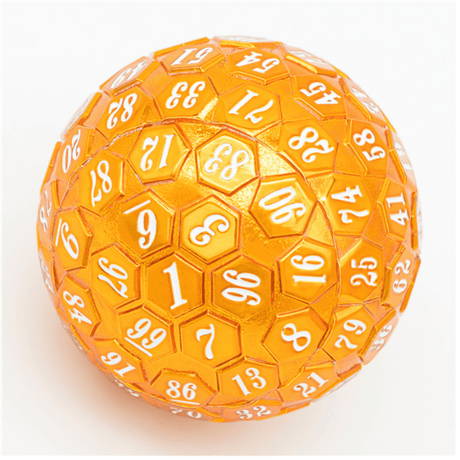 45mm Metal D100 - Orange with White Font Metal Dice Foam Brain Games